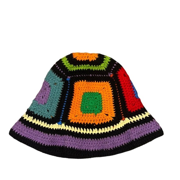 Vintage Granny Square Color Block Retro Hippie Hand Knit Bucket Beanie Hat - Picture 2 of 5